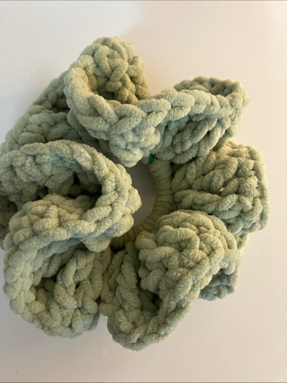 Plush hand crocheted Hair Scrunchie in Sage Green. New